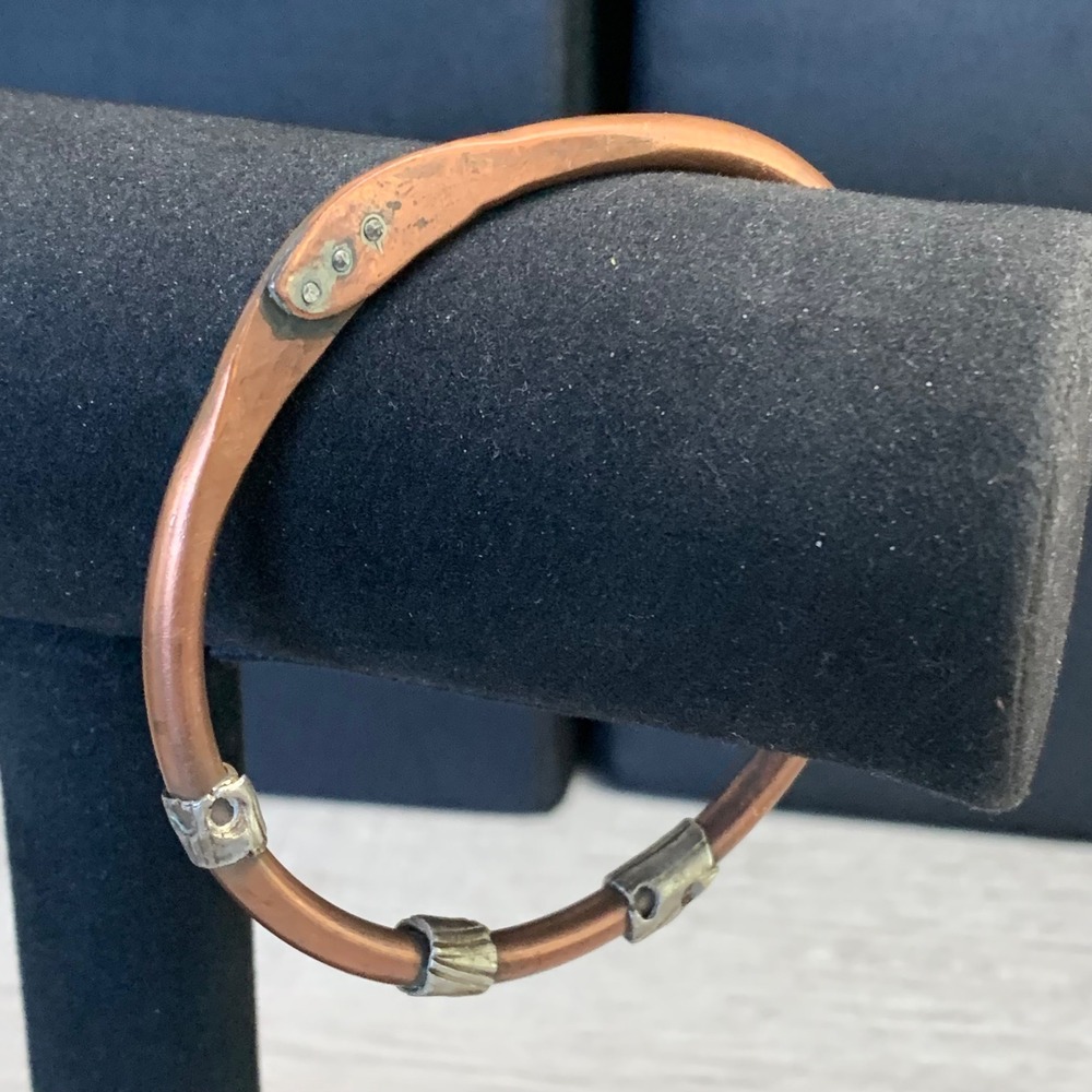 Handcrafted Copper Bangle Bracelet Mixed Metal Silver Tone Accents 10 Inch Large